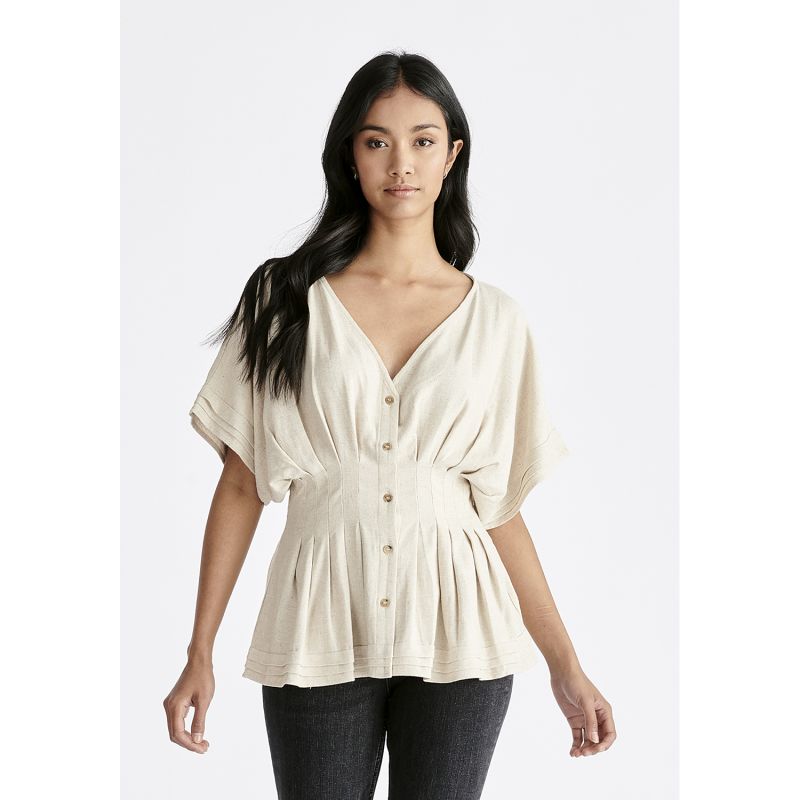 Capucine Cotton Blouse by Frnch - Oatmeal with Multi Coloured Stripes
