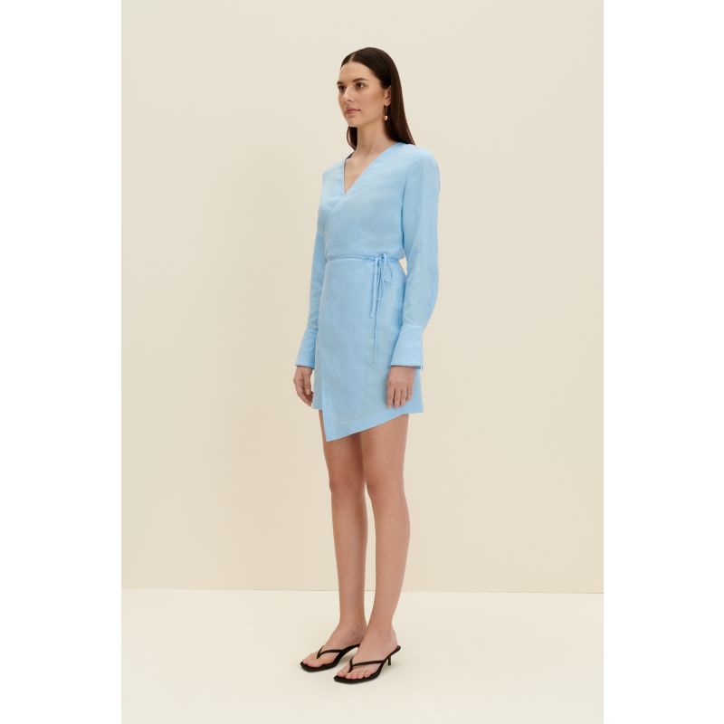 Linen-Blend Wrap Dress In Light Blue image