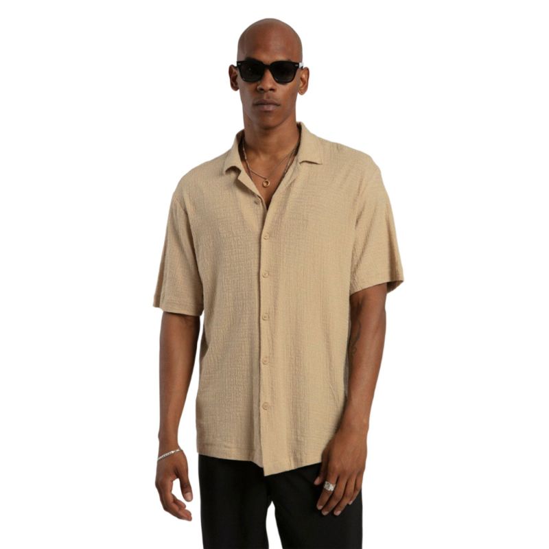 Linen Button Down Short Sleeve Shirt - Camel image