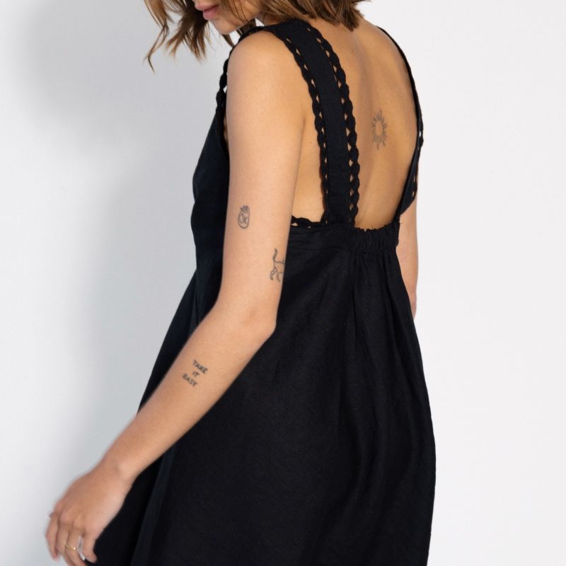 Embroidered Lace Linen Mini Dress - Black image