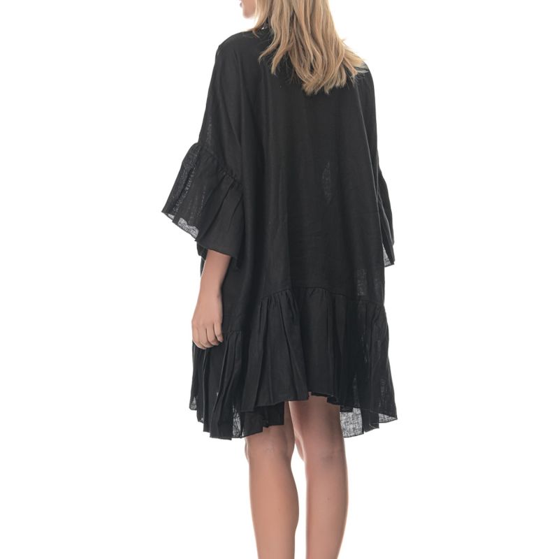 Linen Ruffled Shirt Dress - Black image