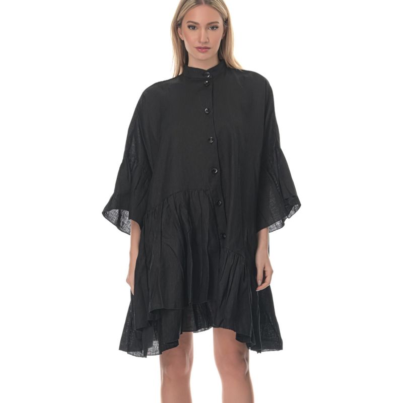 Linen Ruffled Shirt Dress - Black image