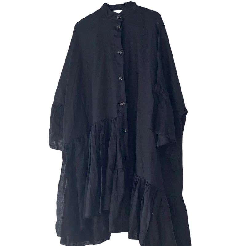 Linen Ruffled Shirt Dress - Black image