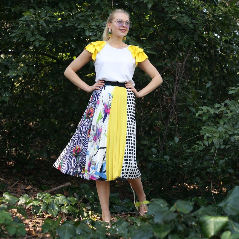 Multi-Color Polka Dot & Flower Print Pleated Skirt image