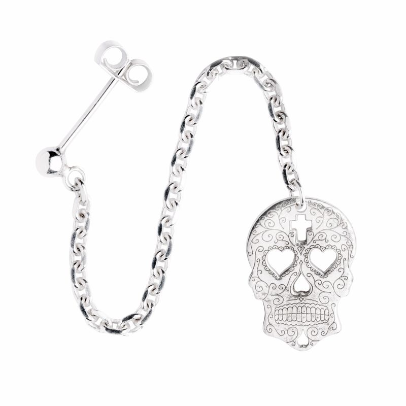 Silver Sugar Skull With Heart Eyes Single Long Drop Earring image