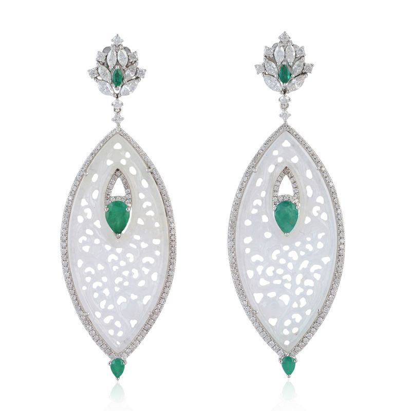 18K White Gold Carving Jade Diamond Marquise Shaped Dangle Earrings Jewelry image