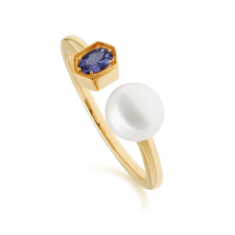 Modern Pearl & Tanzanite Open Ring In Gold Plated Silver image