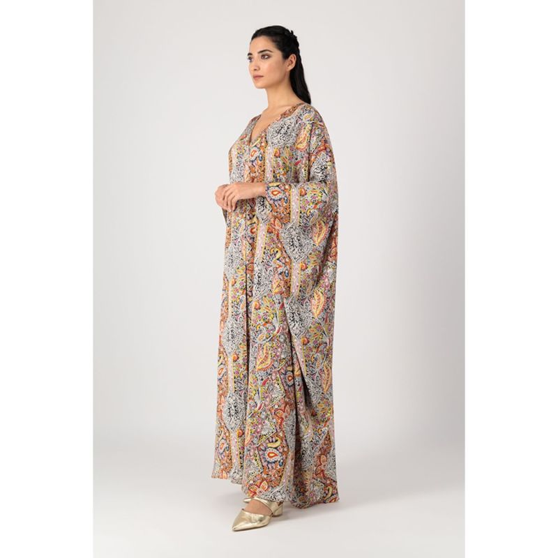 Mariposa Cut Kaftan With Center Fold In Printed Paisley Silk In Orange image