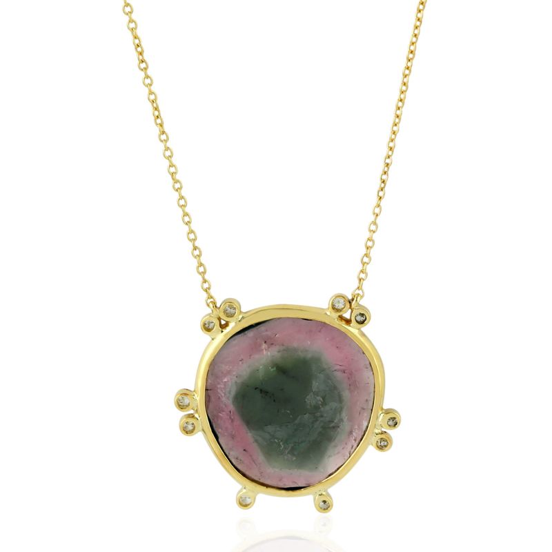 18K Yellow Gold In Natural Diamond & Melon Tourmaline Princess Necklace image