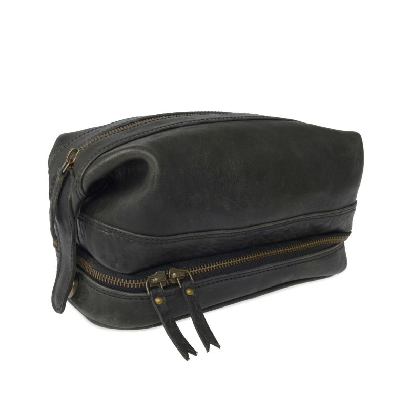 Wandering Soul Black Leather Wash Bag With Zip Bottom image