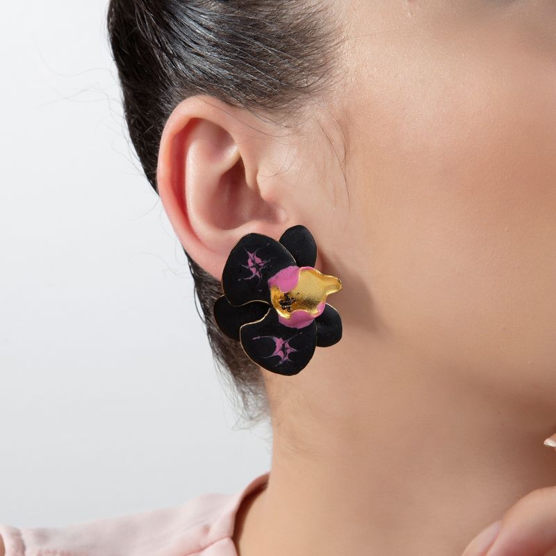 Black & Fuchsia Pink Orchid Flower Earrings image