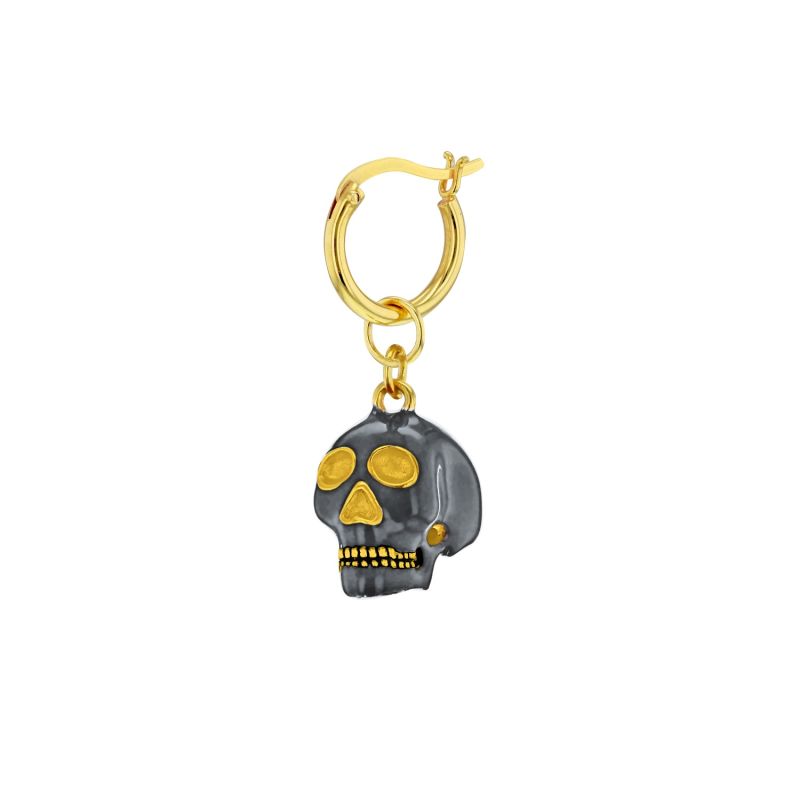 Gun Metal Grey Sterling Silver & 18Kt Gold Plated Mini Skull Charm On Gold Hoop image