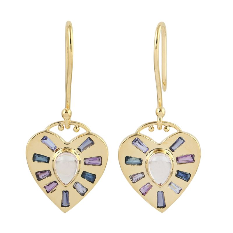 18K Gold In Bezel Set With Baguette Cut Multi Stone Heart Shape Dangle Earrings image