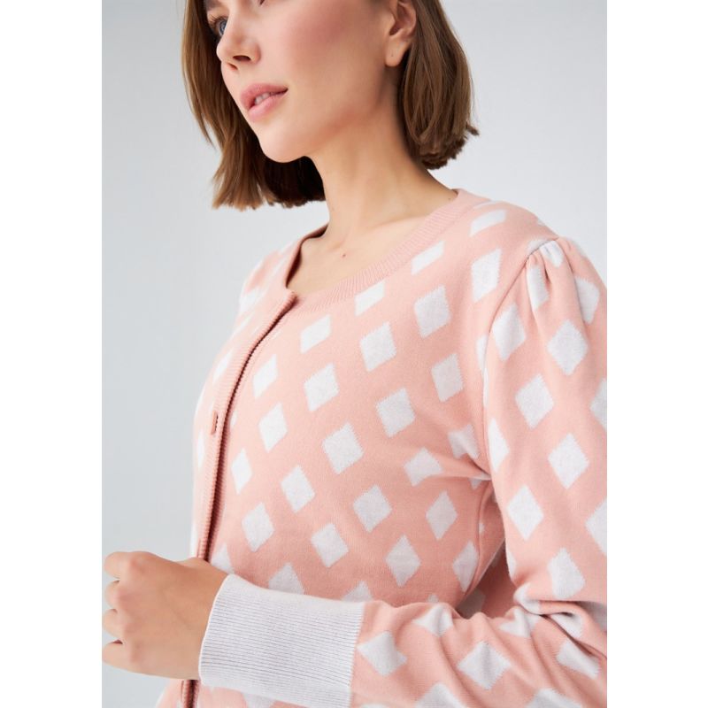 Geometric Pattern Knitwear Cardigan In Salmon/ Ecru image