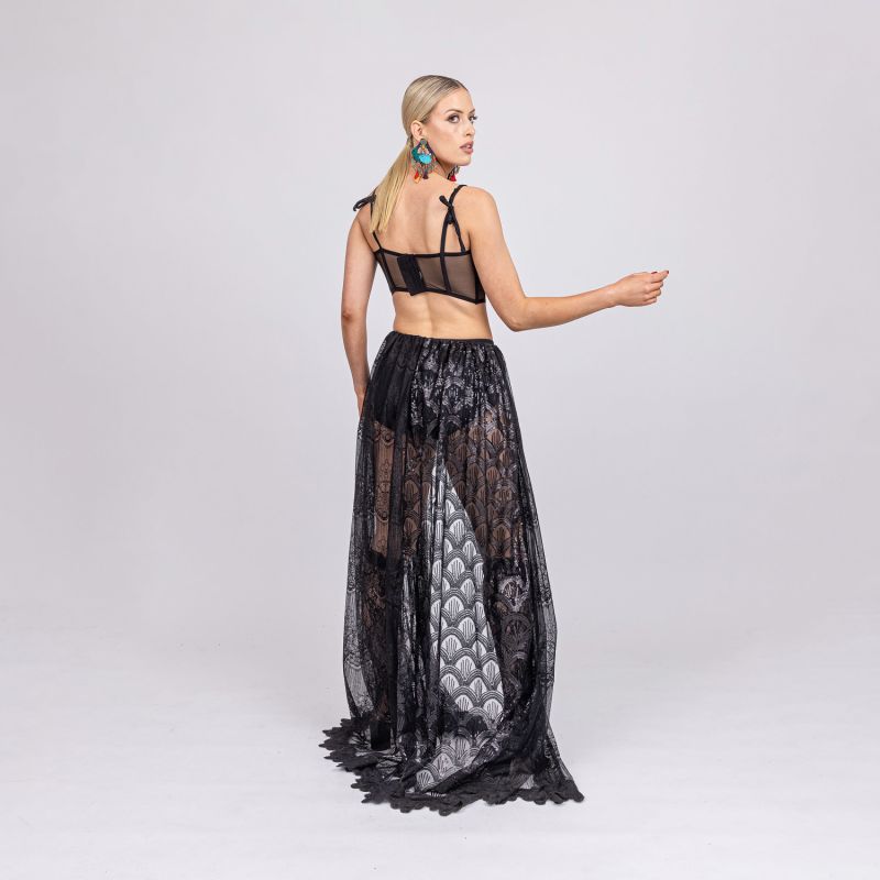 Lolita - Black French Lace And Art Deco Sequin Lace Open Front Luxuriously Long Maxi Skirt image