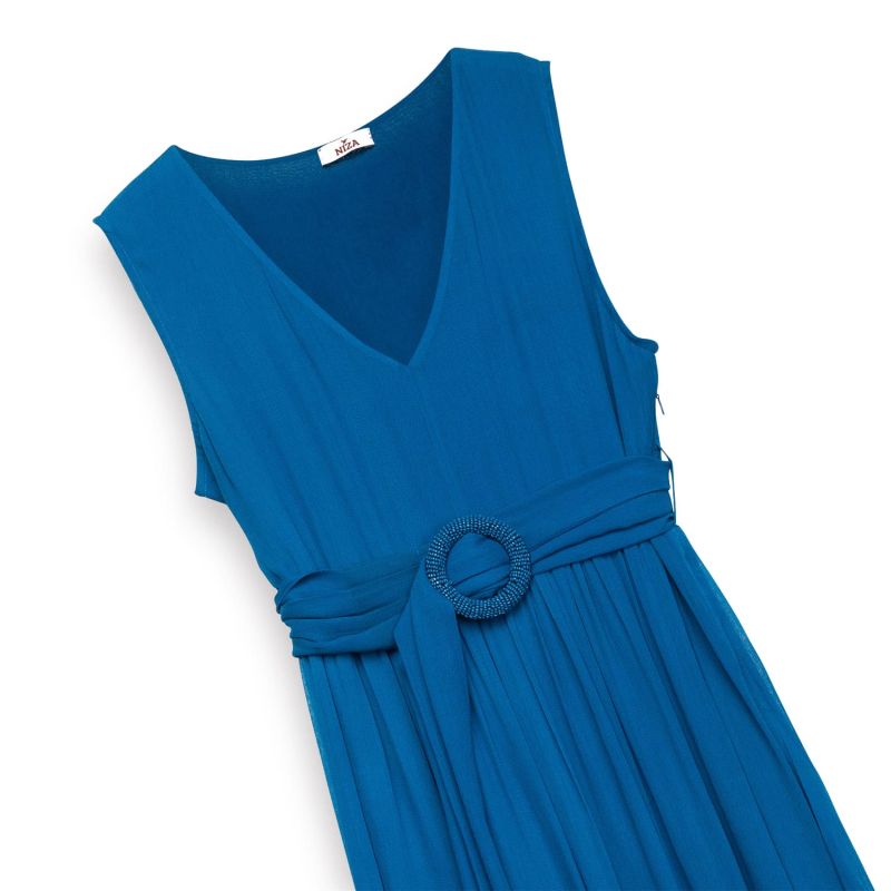 Long Dress With Ruffle And V-Neck Blue image