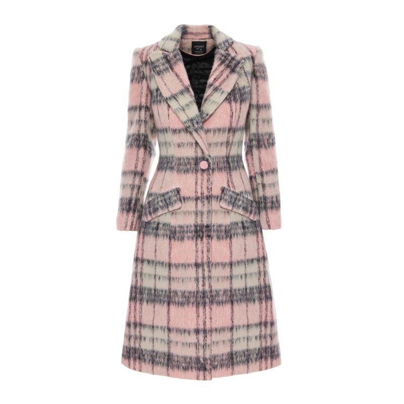 Long Fuzzy Check Wool Coat image