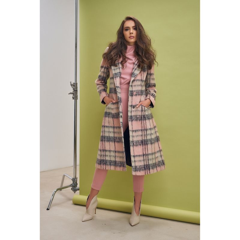 Long Fuzzy Check Wool Coat AVENUE No.29 Wolf Badger