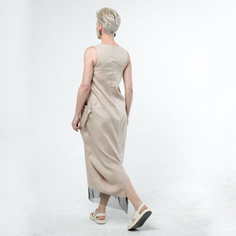 Long Linen Dress With Oversized Pockets In Beige image