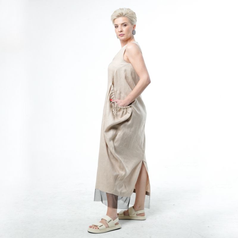 Long Linen Dress With Oversized Pockets In Beige image