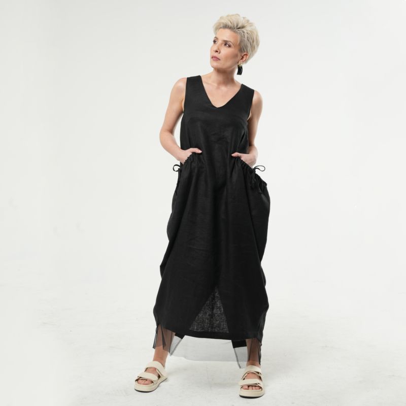 Long Linen Dress With Oversized Pockets In Black image