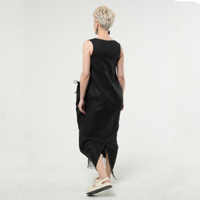 Long Linen Dress With Oversized Pockets In Black image