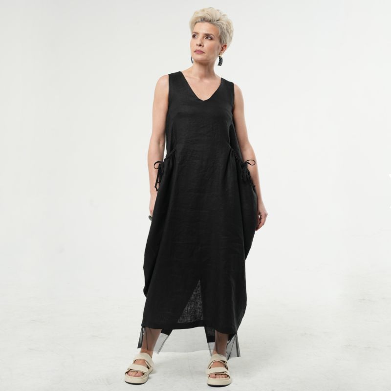 Long Linen Dress With Oversized Pockets In Black image