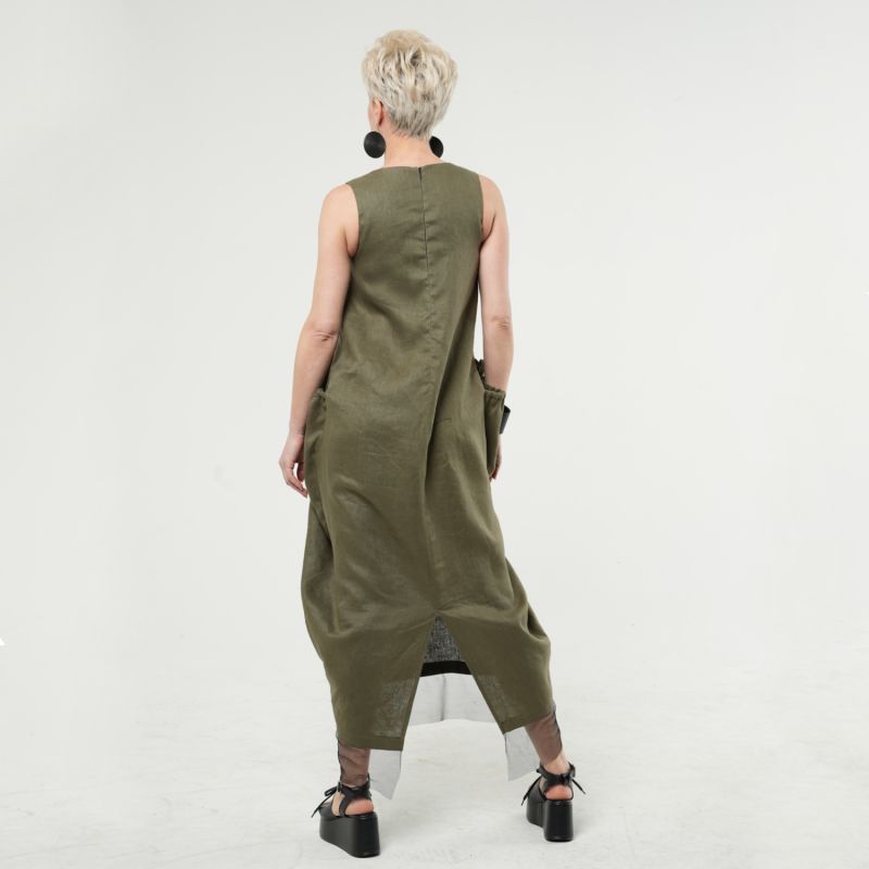 Long Linen Dress With Oversized Pockets In Khaki image