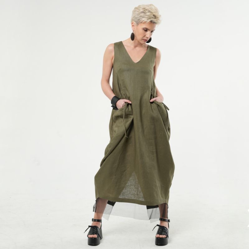 Long Linen Dress With Oversized Pockets In Khaki image