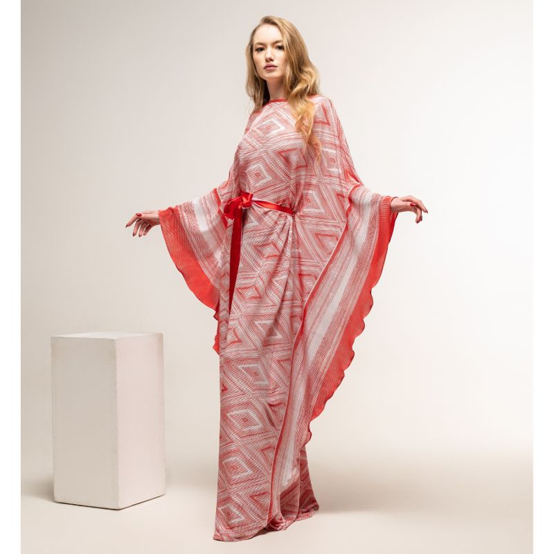 Long Pleated Kaftan Dress Red And White image