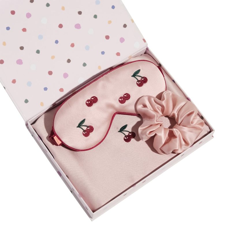 Lost Cherries 3 Piece Silk Gift Set - Silk Pillowcase & Silk Sleep Eye Mask & Silk Scrunchie image