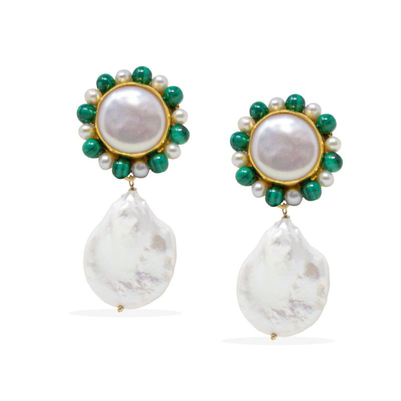 Lotus Gold-Plated Pearl And Malachite Earrings image