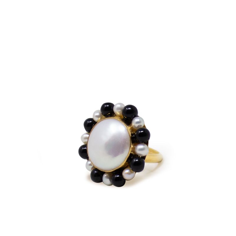 Lotus Gold-Plated Pearl And Onyx Ring image