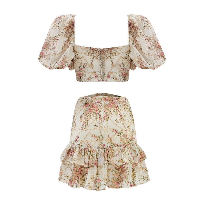 Roselenda Beige Gold Detailed Mini Frilled Skirt And Top Set image