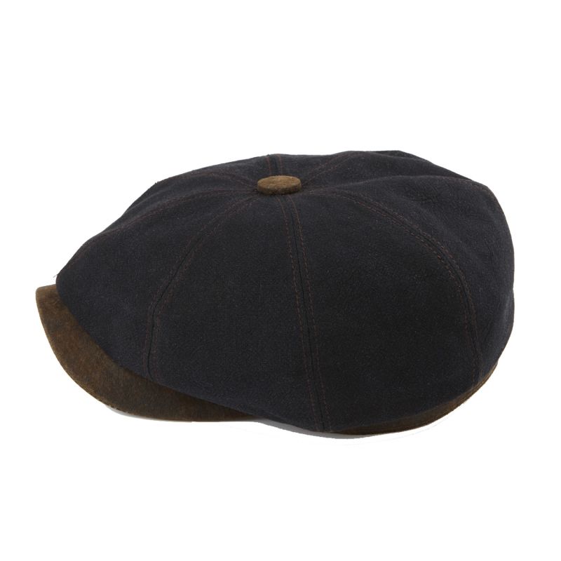 Lucca Black Crape Linen Peaky Bakerboy Newsboy Summer Cap With Leather