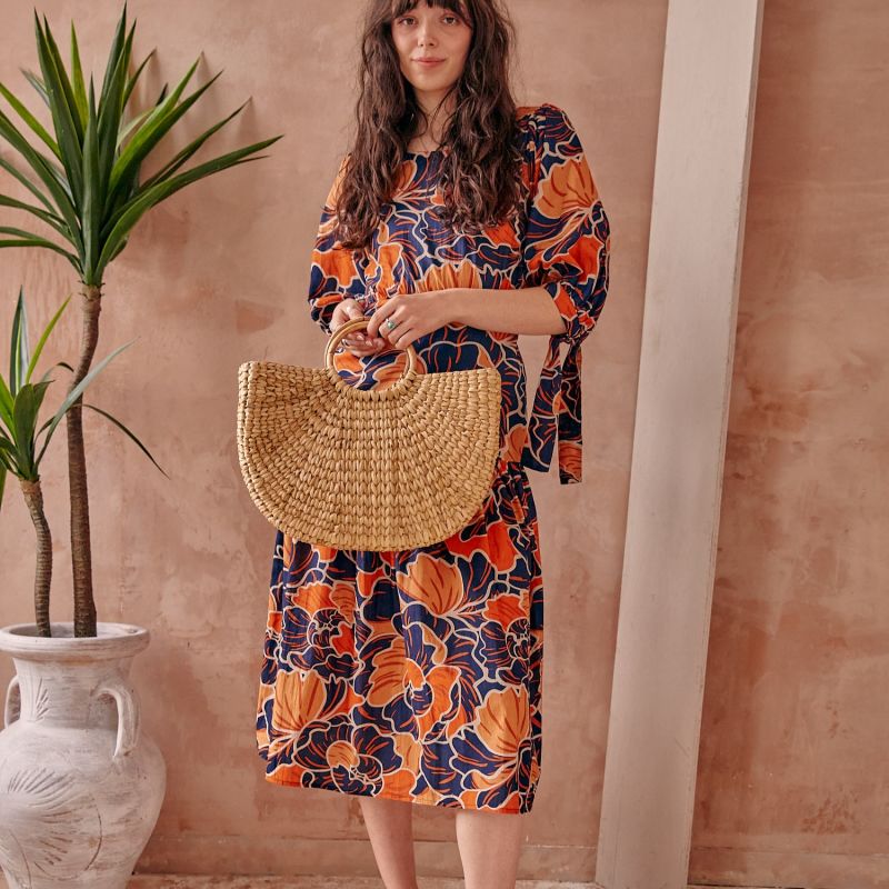 Luna Backless Cotton Midi Dress In Orange And Navy image