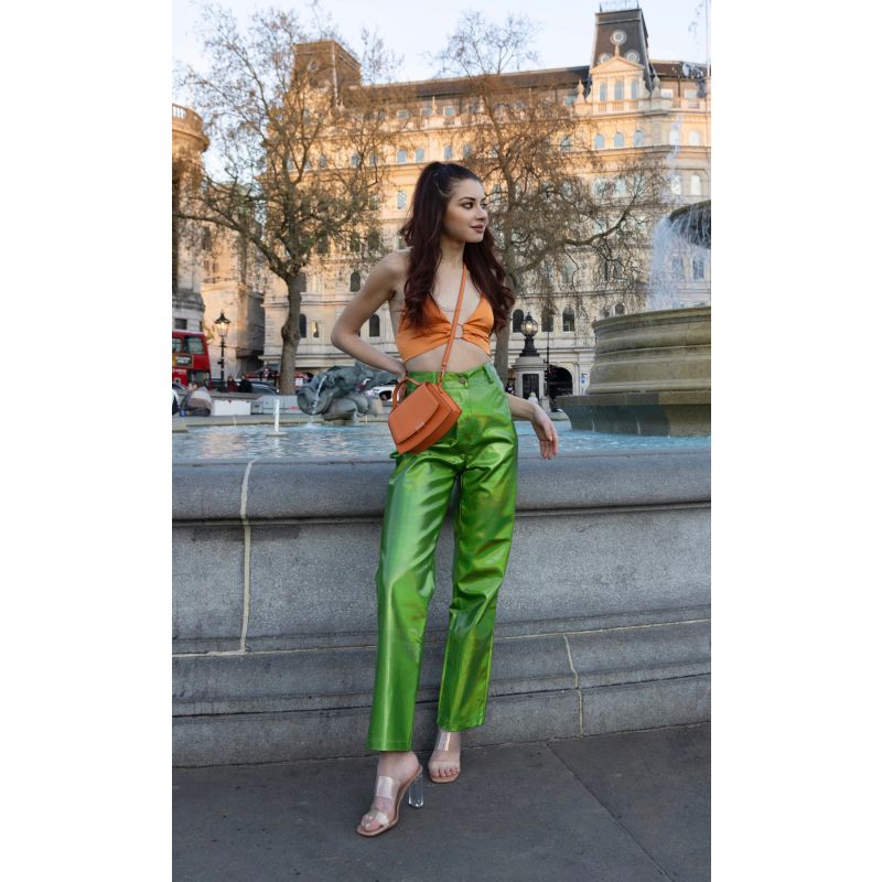 Lupe Green Metallic Vegan Leather Trousers image