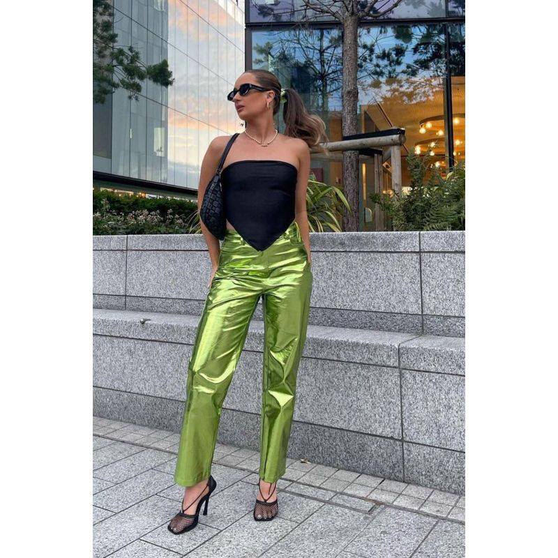 Lupe Green Metallic Vegan Leather Trousers image