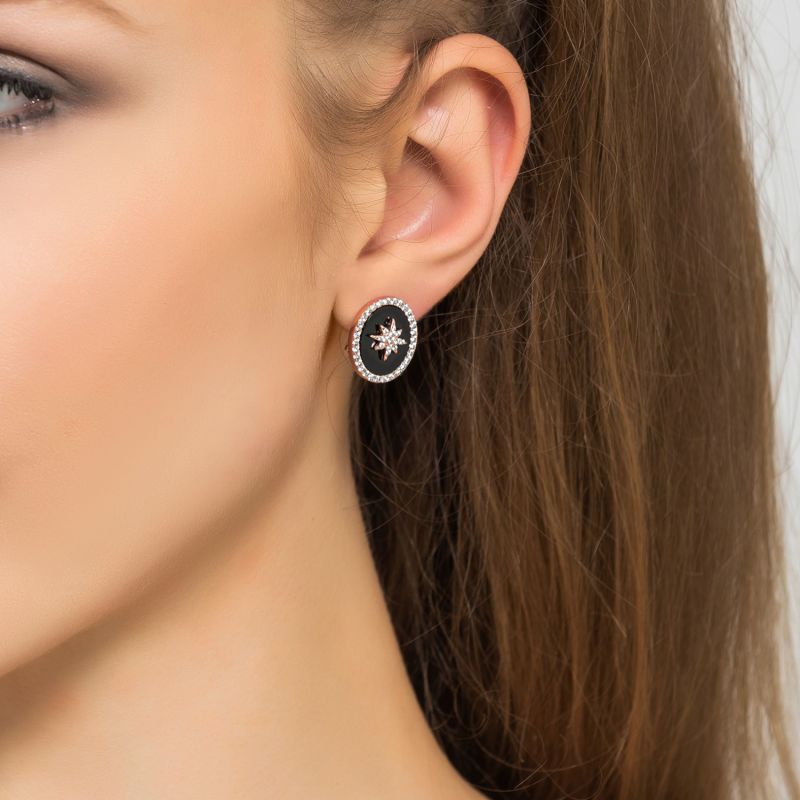 Starburst Oval Stud Earring Black Onyx Rosegold image