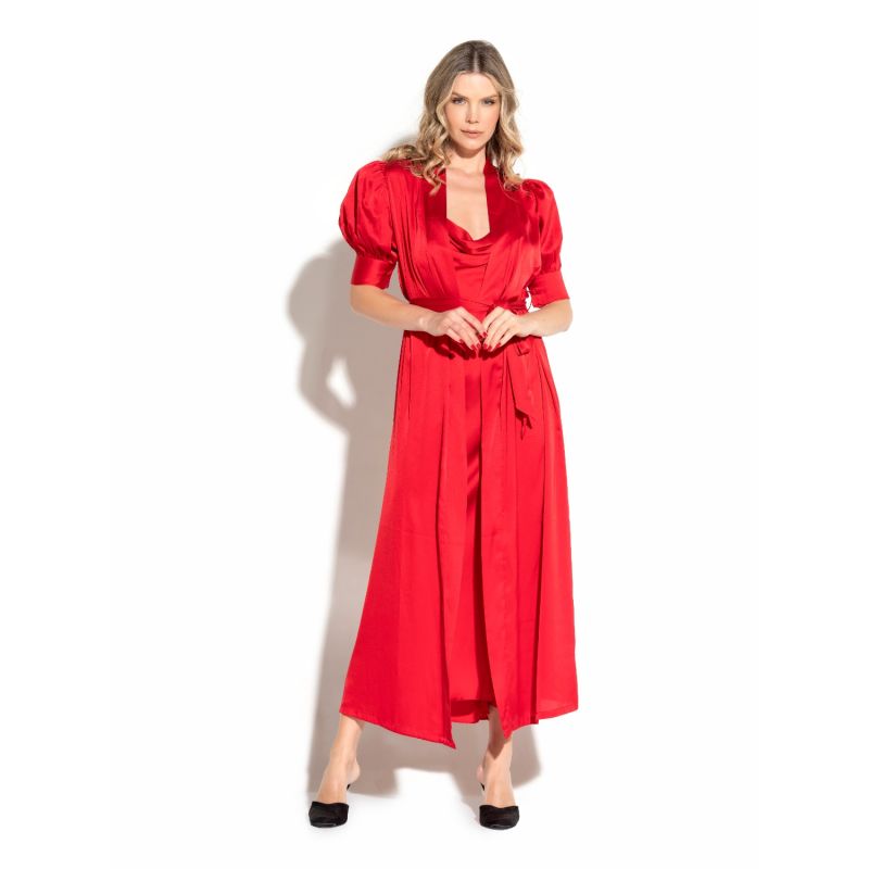 Elbow Bishop Sleeves Long Satin Robe In Regal Red image