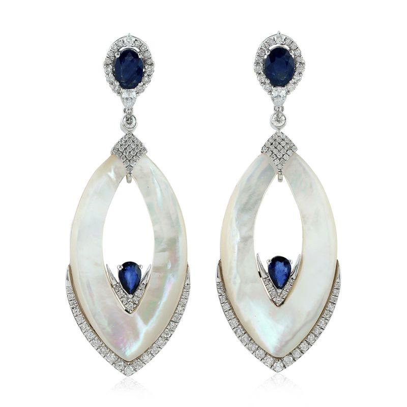 18K White Gold Pave Diamond Mother Of Pearl Blue Sapphire Dangle Earrings Handmade Jewelry image