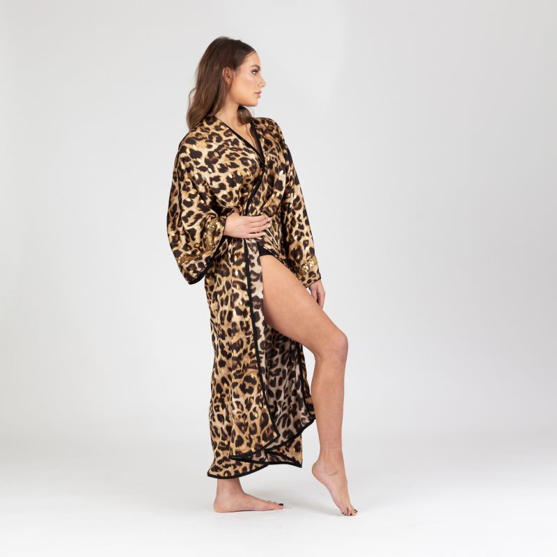 Aliyah - Animal Print Kimono Robe With Golden Sequin Panel image