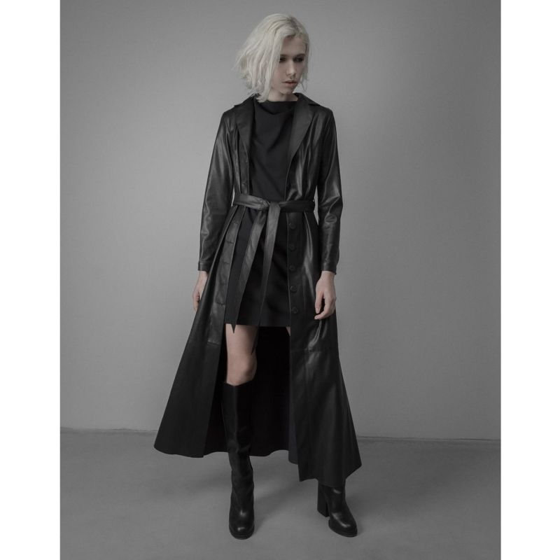 Black Long Button-Up Eco-Leather Trench image