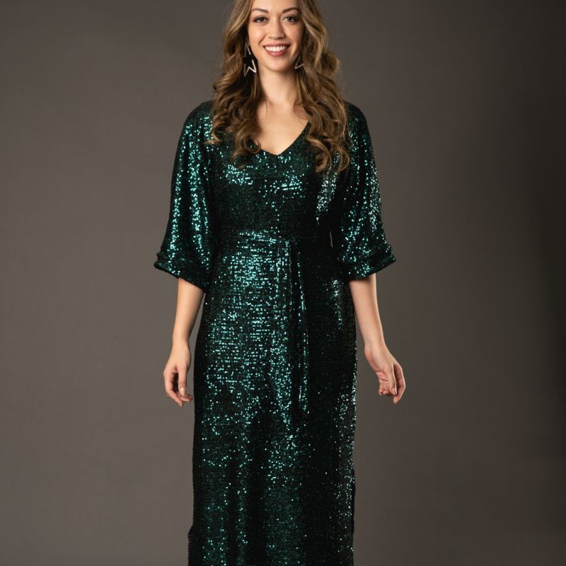 Emerald Sequin Batwing Dress With Obi Belt image