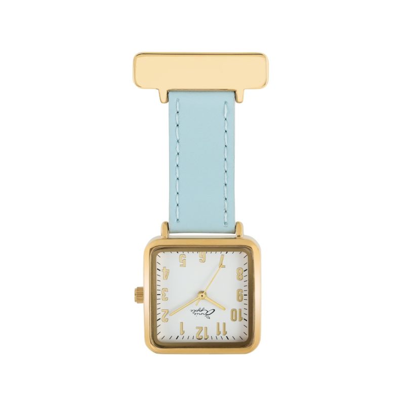 Annie Apple Square Gold White Blue Leather Nurse Fob Watch image