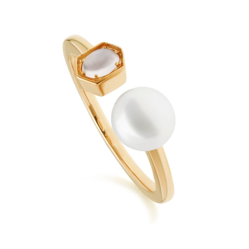 Opal & Pearl Open Ring In Yellow Gold Plated Silver image