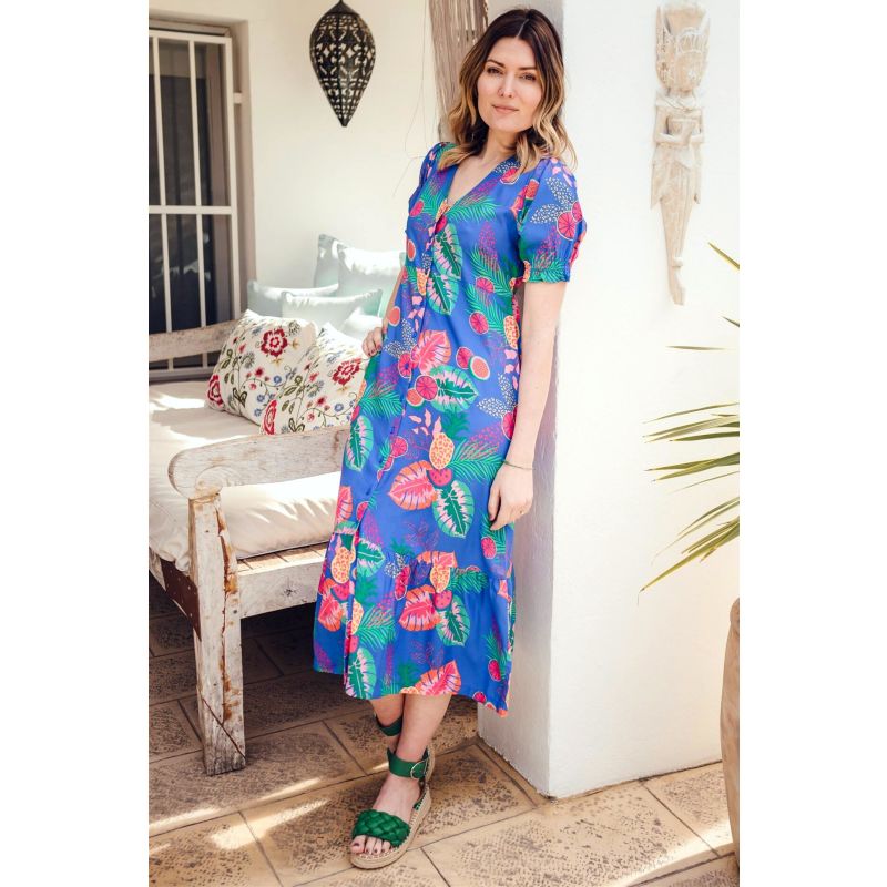 Maddox Tiered Midi Dress Multi, Tropical Fruits Sugarhill Brighton Wolf & Badger