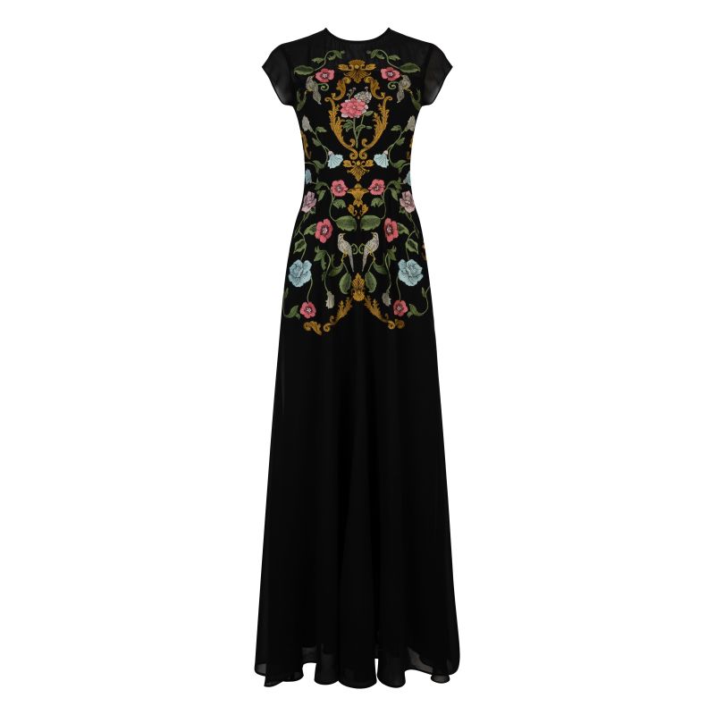 Madeline Embroidered Black Maxi Dress | Aarabhi London | Wolf & Badger