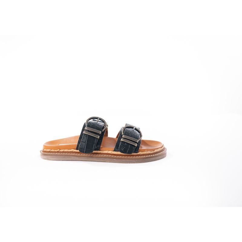 Maggie - Black Croc Leather Flat Sandal image