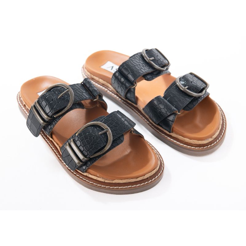 Maggie - Black Croc Leather Flat Sandal image